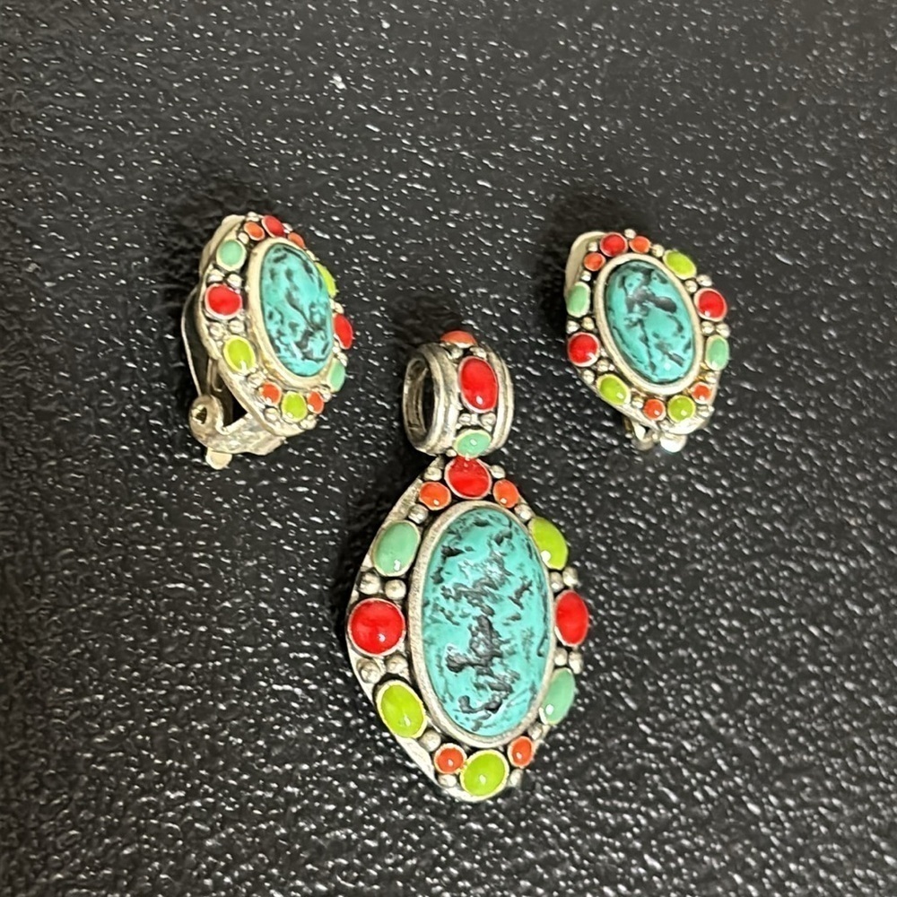 MX Turquoise and Red Stone Pendant Earrings Jewelry Set Native American​ - Picture 2 of 10